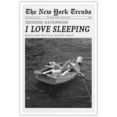 Imagem de Pôster retrô I Love Sleeping em tela de jornal preto e branco arte de parede feminista sala de revistas impressões estéticas pintura para casa quarto dormitório bar carrinho decoração de parede 30 x