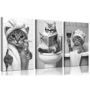 Imagem de ZUGHRERF Arte de parede em tela de banheiro de gato preto e branco engraçado, estampa de animal fofo, imagens de arte humor, pinturas de animais para banheiro, banheiro, decoração de casa 40,6 x 61 cm