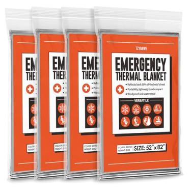 Imagem de Tzyoawe Cobertores térmicos de emergência, pacote com 4, cobertor espacial Mylar kit de sobrevivência