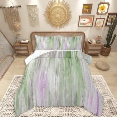 Imagem de Erosebridal Conjunto de cama minimalista, artístico, solteiro, verde, roxo, abstrato, pincelada, pintura a óleo, geométrico, estético, listrado, enchimento