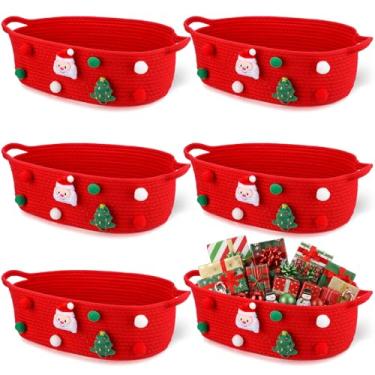 Imagem de FoldTier Pacote com 6 cestas de presentes de Natal vazias com Papai Noel vermelho caixote de armazenamento de Natal com alça cestas de corda de algodão tecidas para presentes, presentes de Natal