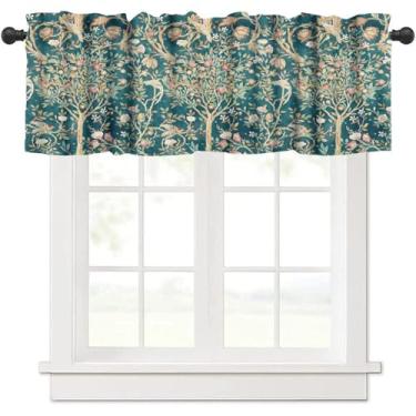 Imagem de Cortina de cozinha floral, William Morris, arte botânica, pequena janela, tratamentos para cozinha, sala de estar, banheiro, café, decoração, bolso para varão, vintage, retrô, azul-petróleo, 137 x 45
