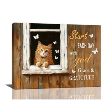 Imagem de Arte de parede de gato, decoração de parede com imagens de borboletas de gatos, pintura em tela religiosa cristã, arte emoldurada para banheiro, sala de estar, quarto, escritório, 40,6 x 30,5 cm