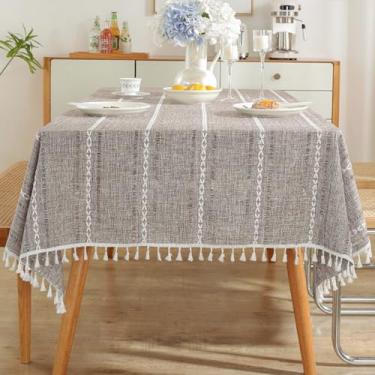 Imagem de Wuluwala Toalha de mesa rústica para mesas retangulares, toalha de mesa listrada com borlas, toalha de mesa de linho pesada, sem rugas, lavável para cozinha, festa, decoração de casa, marrom escuro