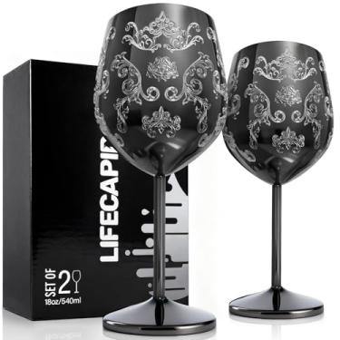 Imagem de Lifecapido Conjunto de 2 taças de vinho de aço inoxidável, taças de vinho pretas gravadas de 510 g, taças de vinho exclusivas com gravuras barrocas complexas para festa de casamento e aniversário