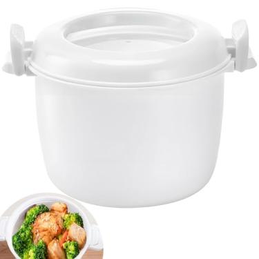 Imagem de Panela de arroz portátil para micro-ondas, design de plástico grande, branco, tampa conveniente incluída, ideal para viagens e ferramenta de almoço isolada multiuso