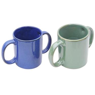 Imagem de ANCIENT IMPEX Conjunto de 2 canecas de alça dupla | Canecas ergonômicas de aderência dupla | Seguro para micro-ondas | 350 ml | Copos de cerâmica fáceis de segurar para aderência segura - Azul e verde
