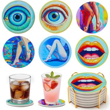 Imagem de Conjunto de 6 porta-copos de cerâmica com suporte, melhor porta-copos absorvente, conjunto de porta-copos de mesa de cerâmica redonda, decoração de xícara de café decorativa, melhor presente