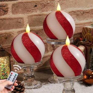 Imagem de Velas esféricas de Natal Candy-Cane sem chama – Velas de bola cintilante de cera real vermelha e branca operadas por bateria com controle remoto, decorações de Natal de bengala doce, decoração de mesa