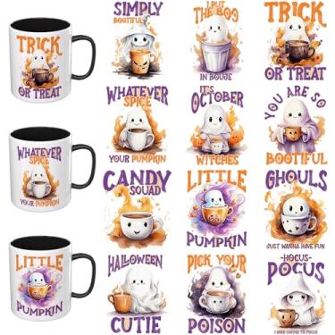 Imagem de Elewins Adesivos UV DTF de Halloween - 12 folhas fofas de café fantasma UV DTF para canecas de vidro de café, decalques DIY para copos, esfregar à prova d'água em transferências para artesanato