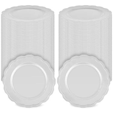 Imagem de Tomeurperf 100 peças de pratos de carregamento prateados a granel 33 cm redondos elegantes carregadores prateados para pratos de jantar, placas de carregamento decorativas para eventos de festas de