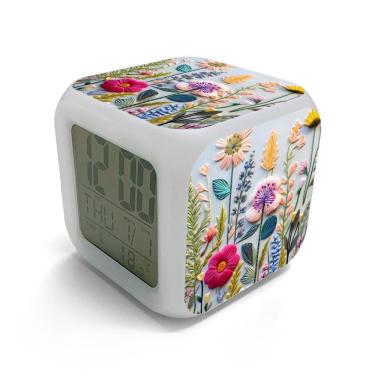 Imagem de Despertador com design de flores LED com mudança de cor digital