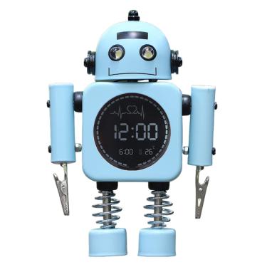 Imagem de Despertador digital em forma de robô com luz noturna em metal azul
