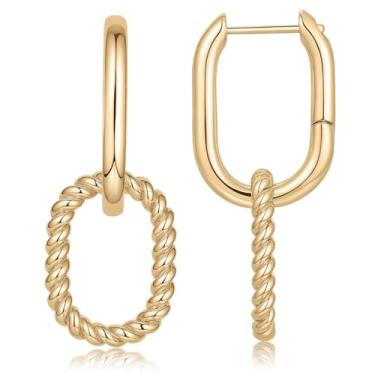 Imagem de Brincos femininos de clipe de papel conversíveis banhados a ouro 14K - Brincos modernos de argola com clipe de papel - argolas pendentes de corrente com zircônia cúbica, Large, Cobre, Sem pedra