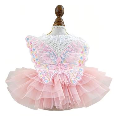 Imagem de Vestido de fada para cachorro e princesa com saia de tule rosa e asas de borboleta, top de malha branca com coleira de renda, roupas para animais de estimação para cães pequenos, gatos, aniversário