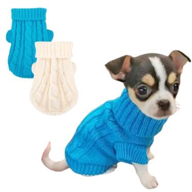 Imagem de JAAQUCD Pacote com 2 roupas de cachorro XXS suéter de malha de gola rolê para cães pequenos meninos outono inverno chihuahua yorkie xícara de chá roupas quentes gatinho gato tricô (azul + branco, PP-6