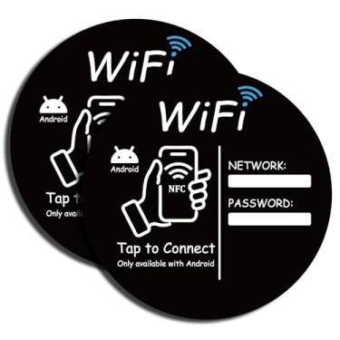 Imagem de Sinal de senha WiFi redondo de 100 mm/3,94 polegadas, adesivo de sinal WiFi com NFC Tap-to-Connect (apenas Android), superfície gravável e apagável, uso interno/externo/doméstico/comercial, 2 peças