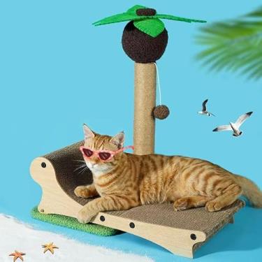 Imagem de LOVMIOAW Rede para gatos com haste para arranhar coqueiro, papelão ondulado durável e corda de sisal, cama elevada para gatos internos, design divertido de palmeira com brinquedo para pendurar