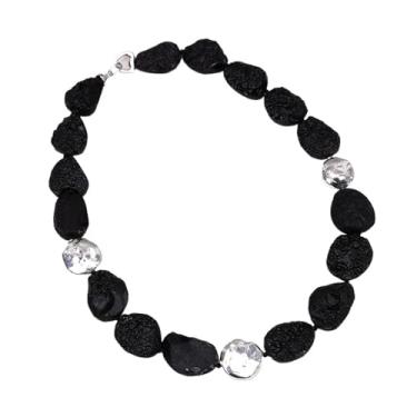 Imagem de OROAOBOMT Colar de 48 cm de pedra de meteorito preto banhado a cor prata Keshi moeda pérola gargantilha colar joia feminina presente