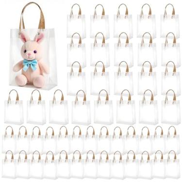 Imagem de ADLABLD 50 peças de sacolas de presente de plástico transparente com alças de couro bovino, sacolas transparentes reutilizáveis, bolsa de lembrancinha de festa Dia das Mães, boutique, casamento