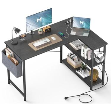 Imagem de Mr IRONSTONE Mesa em forma de L com tomadas e portas USB, mesa de escritório reversível de 47 polegadas, mesa de canto para espaços pequenos, mesa de escritório em casa com bolsa de armazenamento e