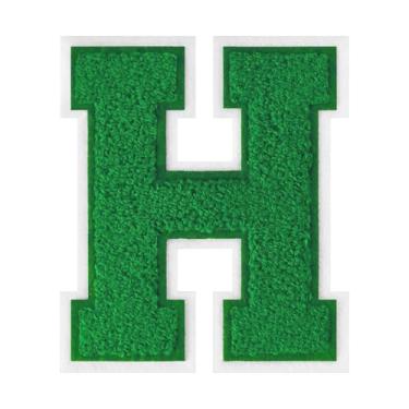 Imagem de 1 peça de patch de letra de chenille verde de 11,4 cm com borda branca – adesivos do alfabeto para roupas, jaquetas, mochilas, chapéus para decoração personalizada, nome personalizado e artesanato. (H