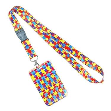 Imagem de Cordão para Crachá com Padrão Quebra-Cabeça Autismo, Porta Cartão com Fecho de Engate Rápido, Design Colorido em Vermelho, Azul e Amarelo