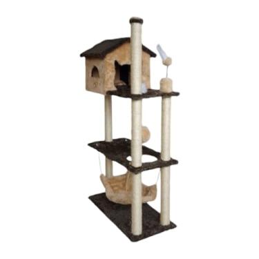 Imagem de Arranhador Para Gatos Casa Alta E Playground Plataformas Com Torre, Rede Grande, Poste Sisal, Brinquedo E Bola De PelúCia - Miupet(BEGE)