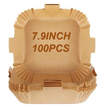 Imagem de BYKITCHEN Papel pergaminho para fritadeira a ar, conjunto de 100, forro de fritadeira a ar quadrada de 19 cm, acessórios para fritadeira a ar/forro de cesta grande para fritadeira a ar, compatível com Corsori, Ninja, fritadeira a ar Gourmia e mais