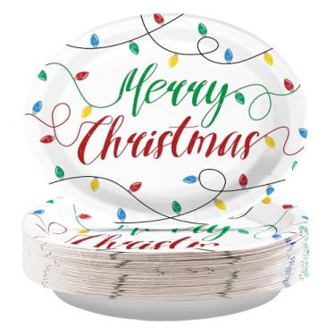 Imagem de 50 peças, pratos ovais de papel de 25,4 x 30,5 cm, grandes, descartáveis, resistentes, lâmpadas coloridas, pratos de sobremesa alegres e brilhantes para Natal, inverno, férias, artigos de festa de