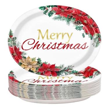 Imagem de Grencian 50 peças de pratos ovais de Natal, 25,4 x 30,5 cm, grandes pratos de flores de poinsétia resistentes, descartável, Feliz Natal, inverno, para Natal, casamento, aniversário, festa familiar