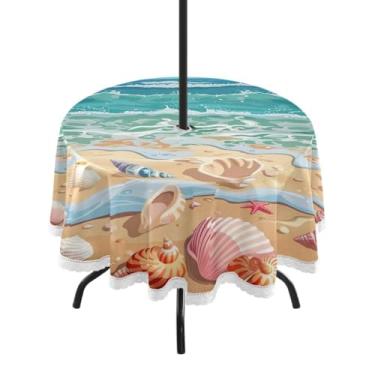 Imagem de Blueangle Toalha de mesa redonda de 152 cm à prova d'água com estrela do mar e coral com orifício para guarda-chuva - Tecido resistente à prova de sol para todos os climas para pátio, acampamento