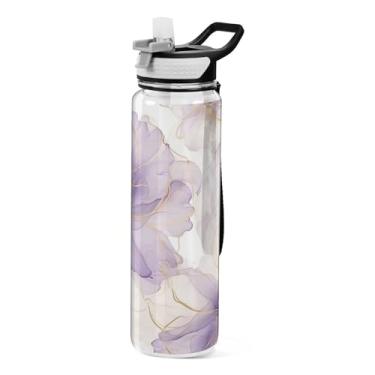 Imagem de Blueangle Garrafa de água esportiva de flor roxa prata 946 ml com tampa de canudo - Garrafas de água reutilizáveis Tritan sem BPA para academia, caminhadas e atividades ao ar livre (505)