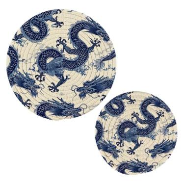 Imagem de Blueangle 2 peças de suporte de panela com padrão de dragão chinês - conjunto de pegadores de panela de tecido redondo - almofadas quentes trançadas de algodão - porta-copos - tapetes de mesa para