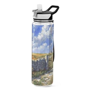 Imagem de Blueangle Garrafa de água esportiva doméstica camponesa 946 ml com tampa de canudo - Garrafas de água reutilizáveis Tritan sem BPA para academia, caminhadas e atividades ao ar livre (116)