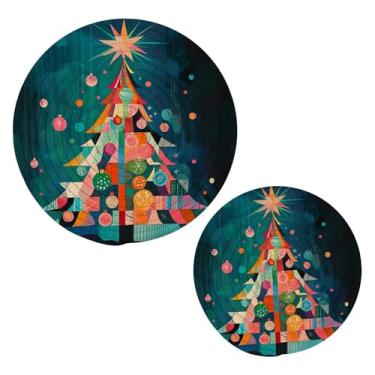 Imagem de Blueangle 2 peças de suporte de panela colorido para árvore de Natal - conjunto de pegadores de panela de tecido redondo - almofadas quentes trançadas de algodão - porta-copos - tapetes de mesa para