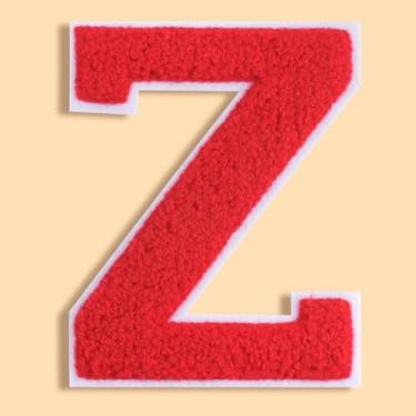 Imagem de QianSiLi Adesivos de letras universitárias de chenille vermelho de 11 cm, letras grandes de ferro para jaquetas Letterman, moletons com capuz, mochilas, coletes, roupas, adesivos individuais da letra