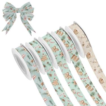 Imagem de SEHANY 5 rolos de fita de Natal 0,59 polegadas 5 jardas fitas de tecido de gengibre de Natal fitas de cetim festivas fitas decorativas de Natal para embrulho de presente faça você mesmo artesanato