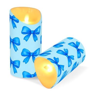 Imagem de Blueangle Pacote com 2 velas sem chama Blue Bows com controle remoto e temporizador, velas LED cintilantes (7,6 cm x 9,9 cm) para decoração de casa, casamento, acampamento (524)