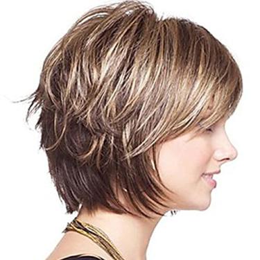 Imagem de Perucas de Cabelo Loiro Curto com Franja Sintético Ondulado Resistente ao Calor para Mulheres Dia a Cosplay Peruca Aspecto Natural