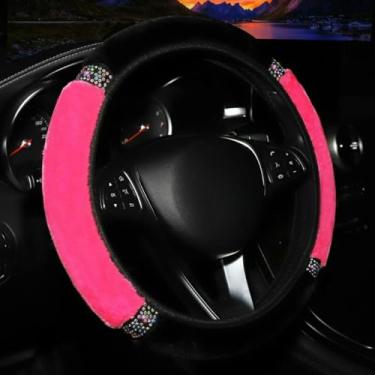 Imagem de Knonip Capa de Volante de 38 cm Colorida Brilhante Strass Capa de Pelúcia Universal Stretch Apto para Carros, Inverno Quente Moda Auto Decoração Protetor de Volante de Carro (Rosa)