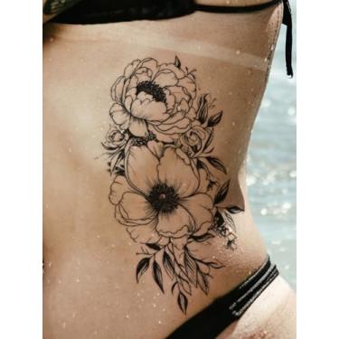 Imagem de Estampa floral realista preto e branco lembrancinhas de festa tatuagens temporárias presente de férias costas mão perna ombro pescoço adesivo de tatuagem impermeável temporário 1 pacote