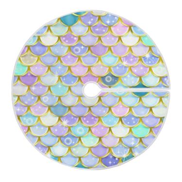 Imagem de Wassud Saia de árvore de Natal escamas de sereia coloridas decorações de árvore de Natal, enfeites de Natal, tapete de árvore pequena para decoração de festa de ano novo, 91 cm