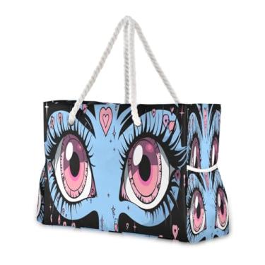 Imagem de Wassud Bolsa de praia com olhos bonitos, bolsas de praia grandes para mulheres, à prova d'água, à prova de areia, bolsa de viagem com zíper e bolso para piscina, academia, acampamento