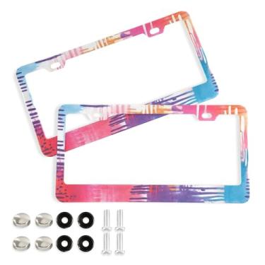 Imagem de CEBUGI Pacote com 2 molduras de placa de carro de alumínio capas de moldura de placa de carro com 2 furos coloridos tie-dye acessórios automotivos para placas dianteiras e traseiras orifício elíptico