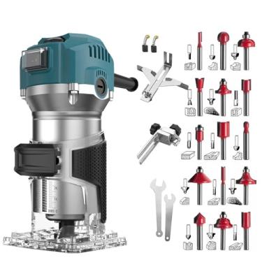 Imagem de FINYQBET Tupia Manual 800W, Fresadora para Madeira com 33000 RPM, Inclui 15 Fresas de 1/4", Tupia para Trabalhos, Guia, Escova de Carvão, Para Projetos de Marcenaria (Azul, 220V)