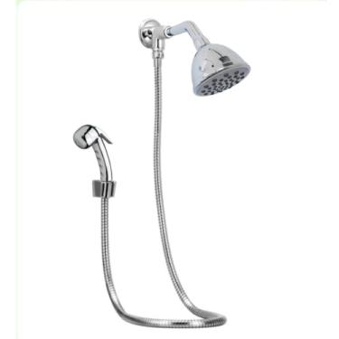 Imagem de Desviador Prata 1,80m + Ducha Redonda Articulável Crivo Cinza