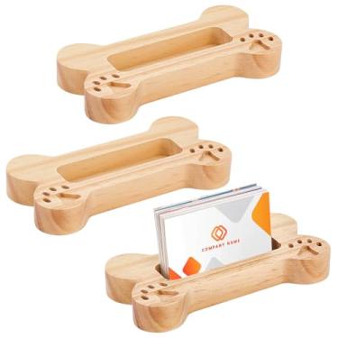 Imagem de UNICRAFTALE Conjunto de 3 suportes de cartão de osso de cachorro Navajo de madeira branca para escritório organizador de mesa em forma de osso abertura inclinada para decoração de escritório em casa