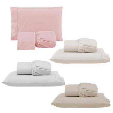 Imagem de Kit 4 Jogos de Lençol com Elástico e Fronha Bordada em Ponto Palito, 1 Casal Queen 198x158x35cm e 3 Solteiros 188x88x30cm (4 Jogos Versat(Queen:Rosê e Solteiros:Branco/Palha/Cáqui))