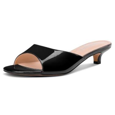 Imagem de TNYNFBEB Sandália feminina salto baixo gatinho peep bico aberto mules sandálias slingback casamento vestido de formatura couro envernizado verão salto 3,5 cm, Preto, 35